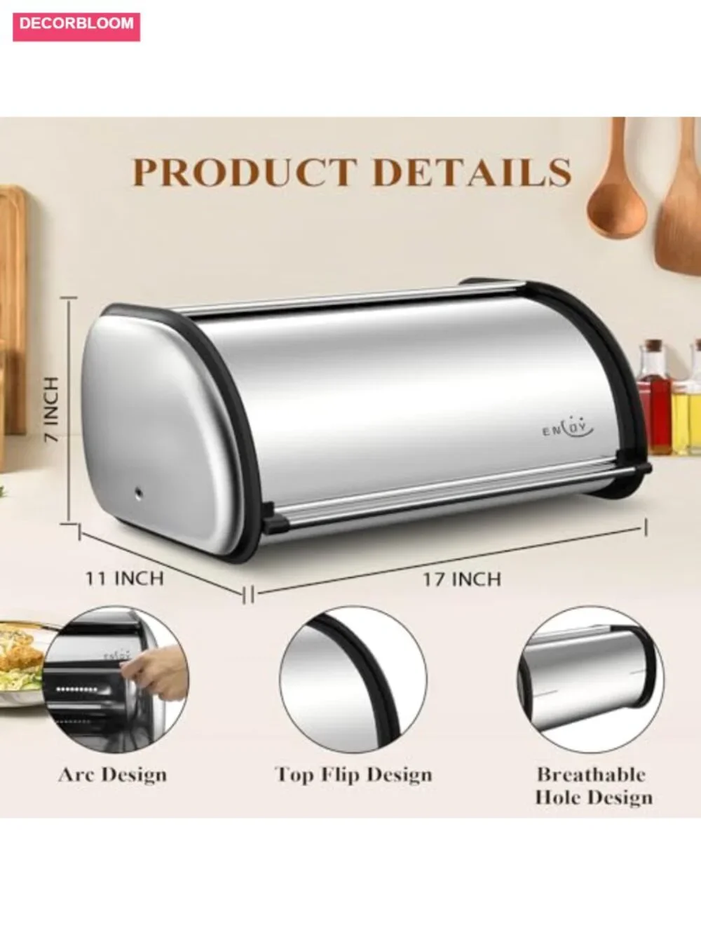 Stainless Steel Large Capacity Bread Box Roll Top Lid Kitchen Counter Storage
